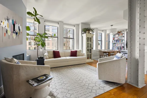 a living room with furniture and a potted plant