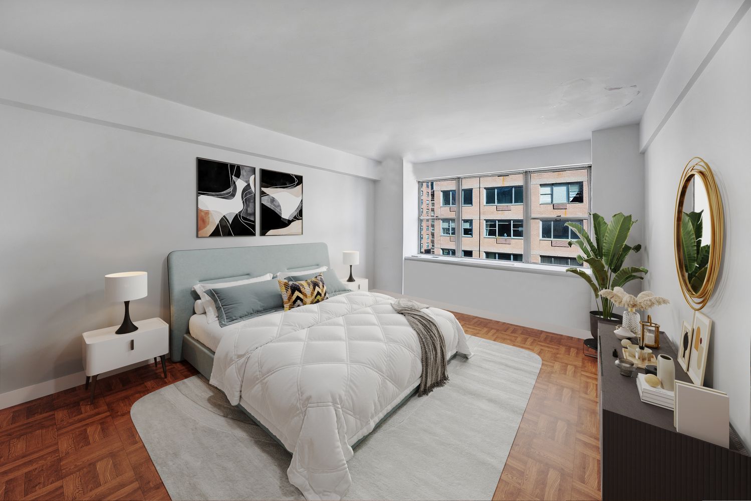 45 Sutton Place South, Unit 16B Manhattan, NY 10022 - Photo 8 of 19 a bedroom with a large bed and a painting on the wall