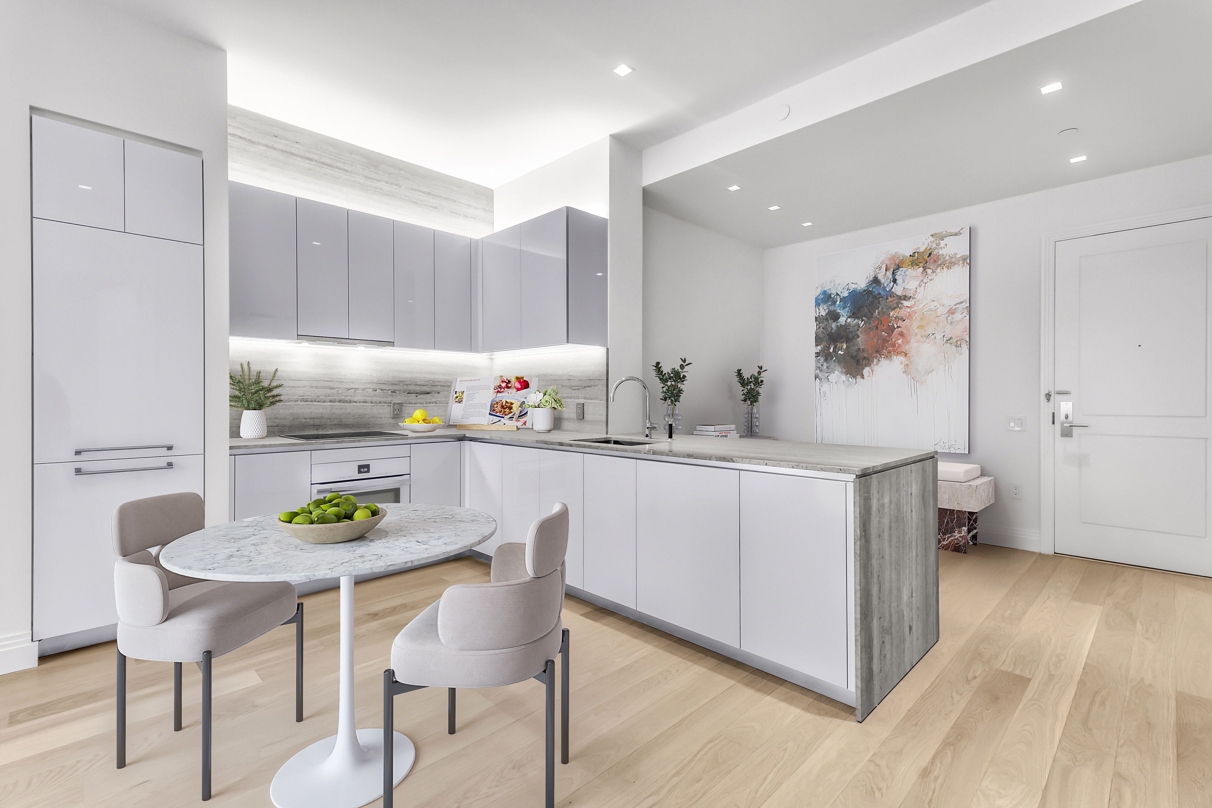 1 Wall Street, Unit 2512 Manhattan, NY 10005 - Photo 6 of 31 a kitchen with white cabinets and chairs