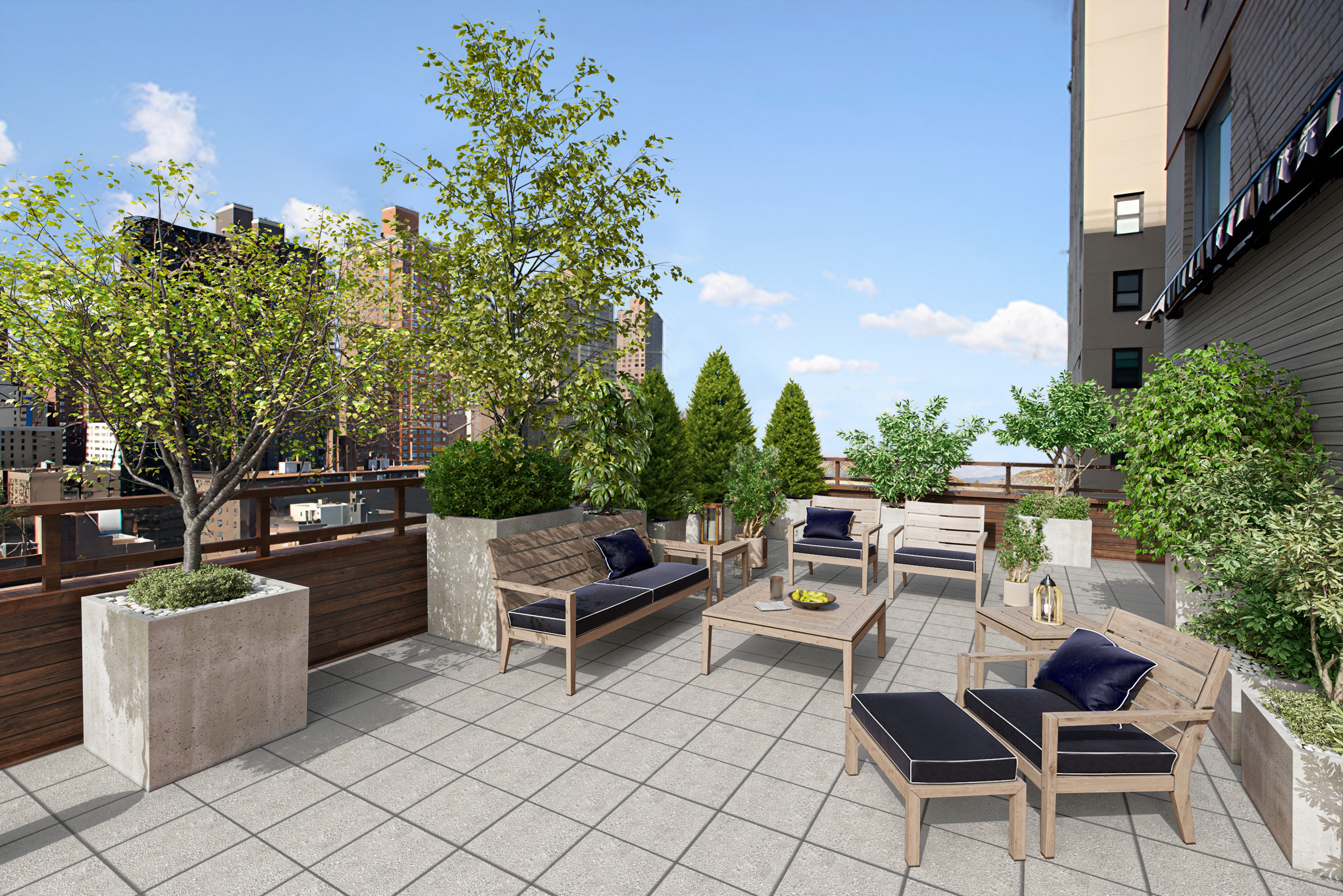180 East End Avenue, Unit 15E Manhattan, NY 10128 - Photo 21 of 31 a view of a patio with a dining table and chairs with a fire pit