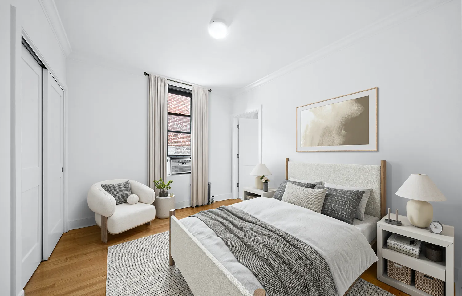 a bedroom with a bed and couch