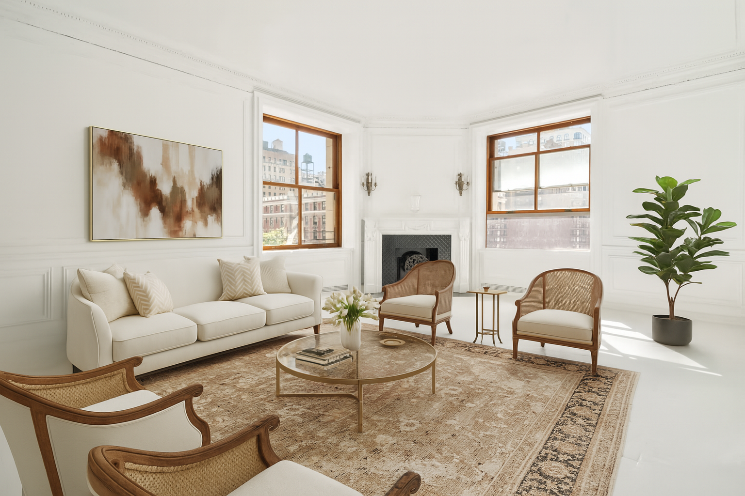a living room with furniture fireplace and window