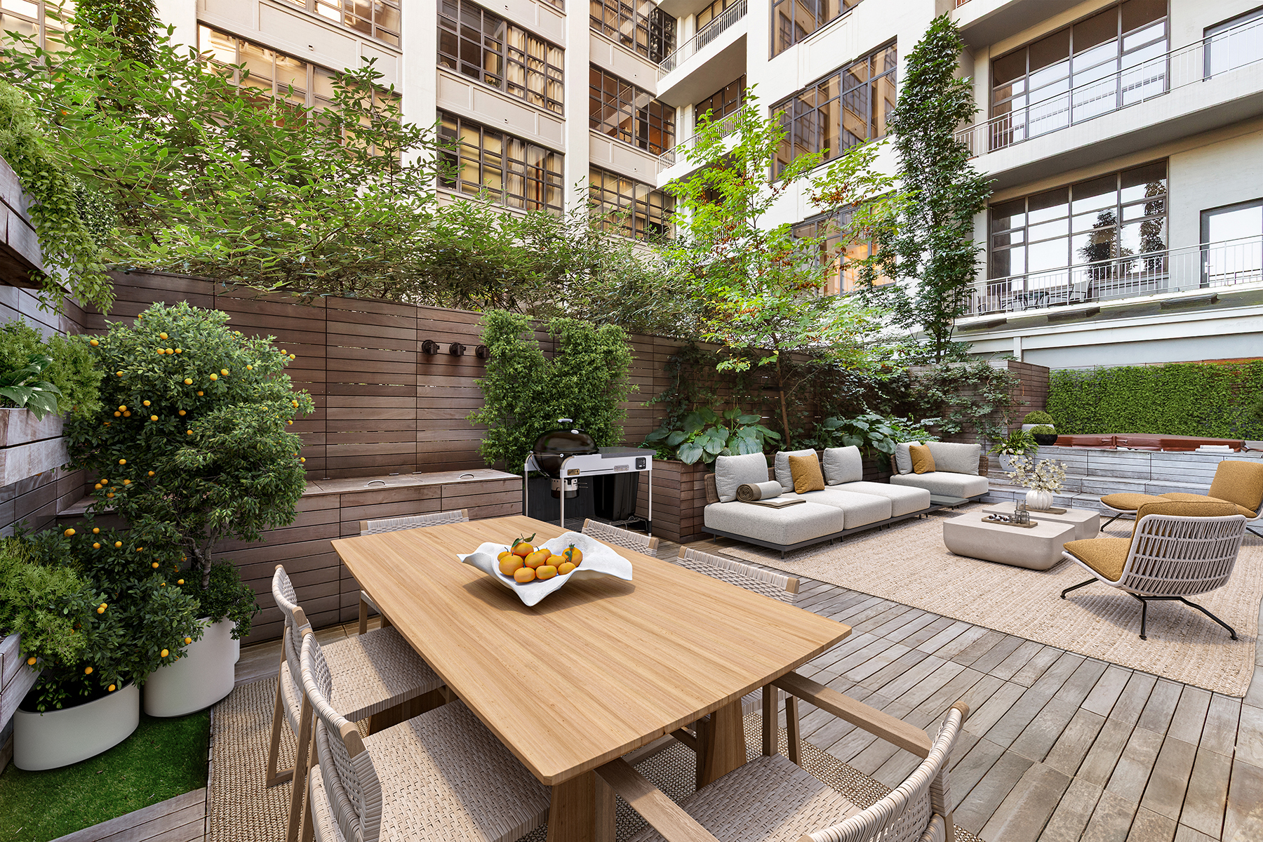 360 Furman Street, Unit 322/323 Brooklyn, NY 11201 - Photo 4 of 42 a view of a patio with couches and table and chairs with potted plants and wooden floor