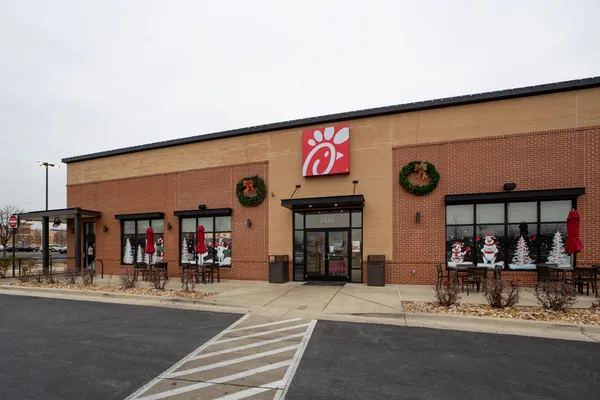 a front view of a building with street