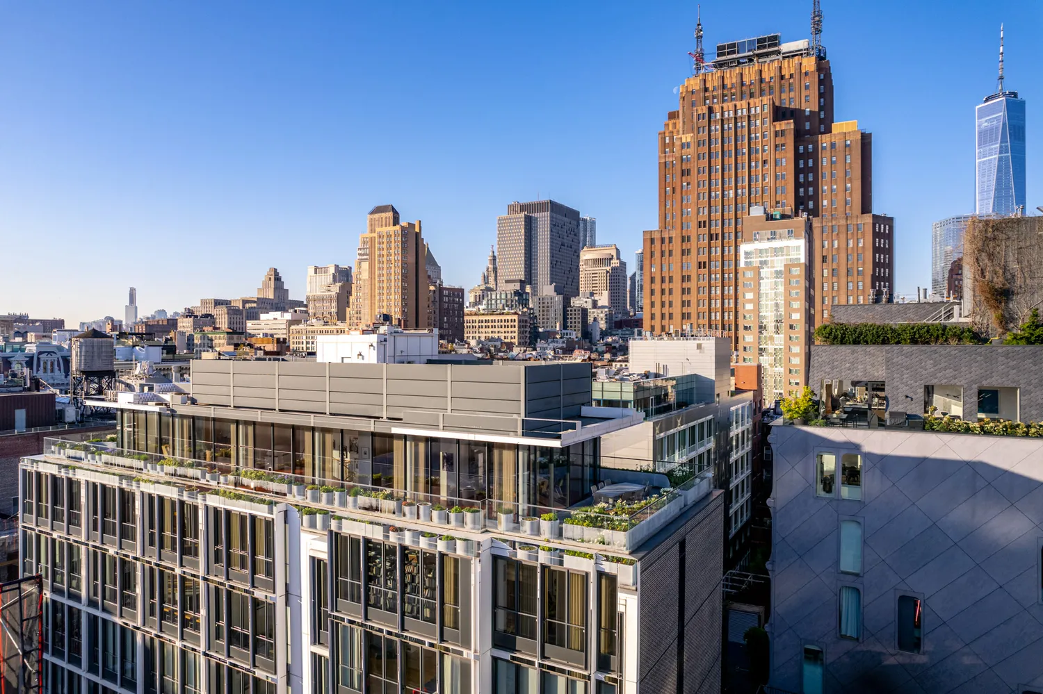 a city view with tall buildings