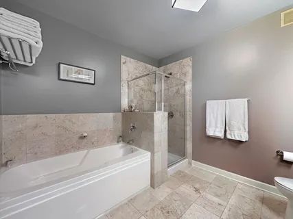 a bathroom with a bathtub and a shower