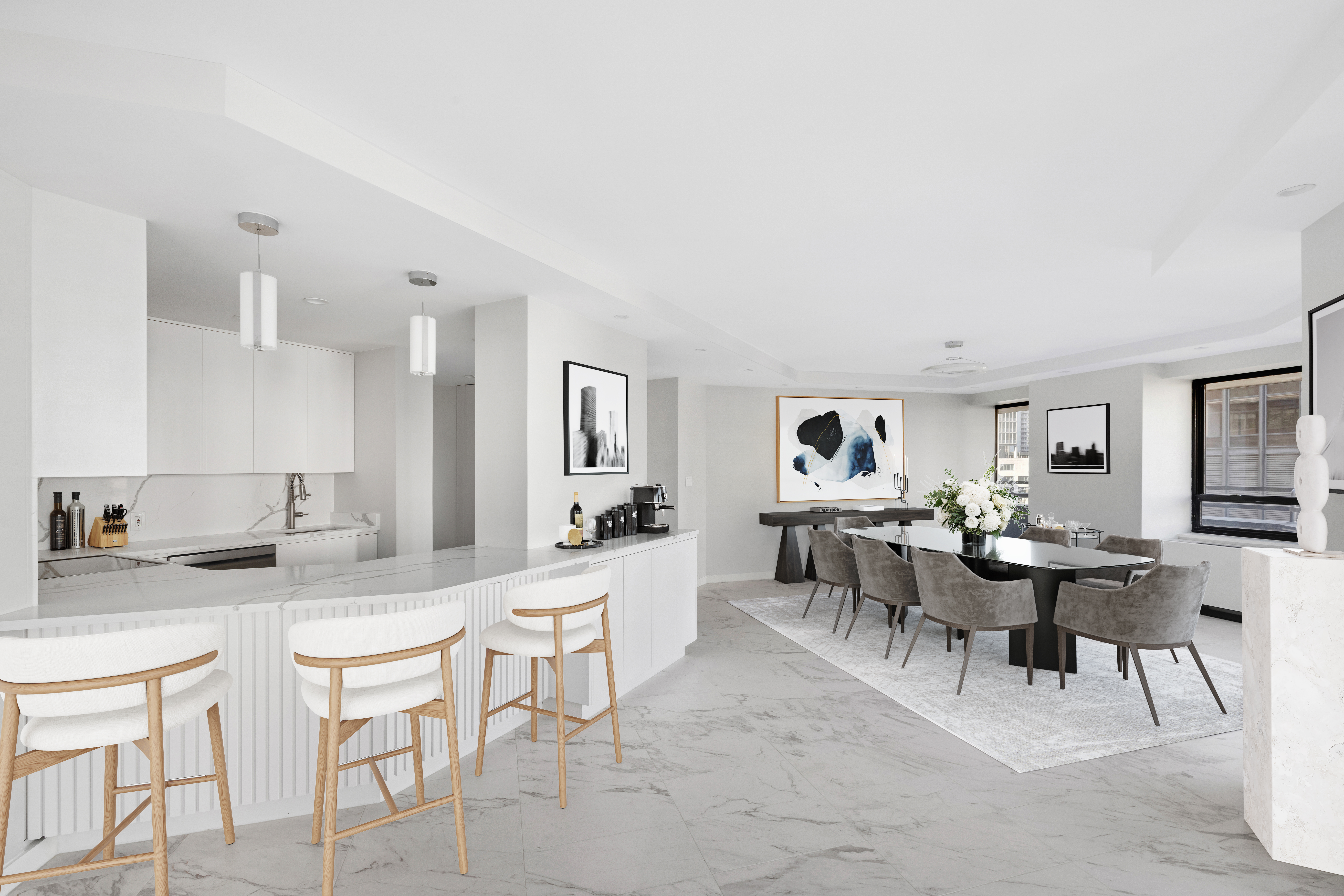 240 East 47th Street, Unit 16CD Manhattan, NY 10017 - Photo 3 of 14 a view of a dining room with furniture and a chandelier