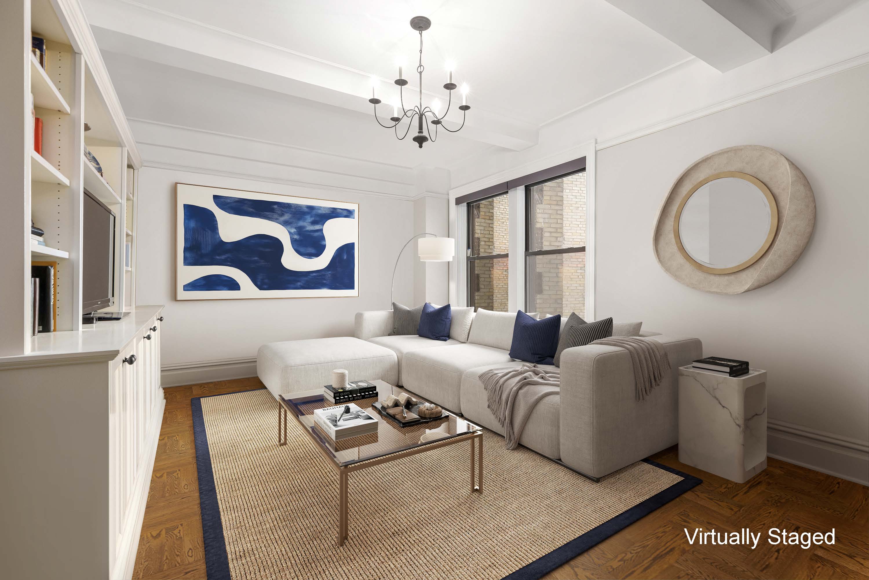 515 West End Avenue, Unit 8B Manhattan, NY 10024 - Photo 5 of 12 a living room with furniture a chandelier and a window