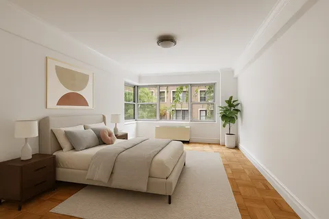 a bedroom with a large bed and a window