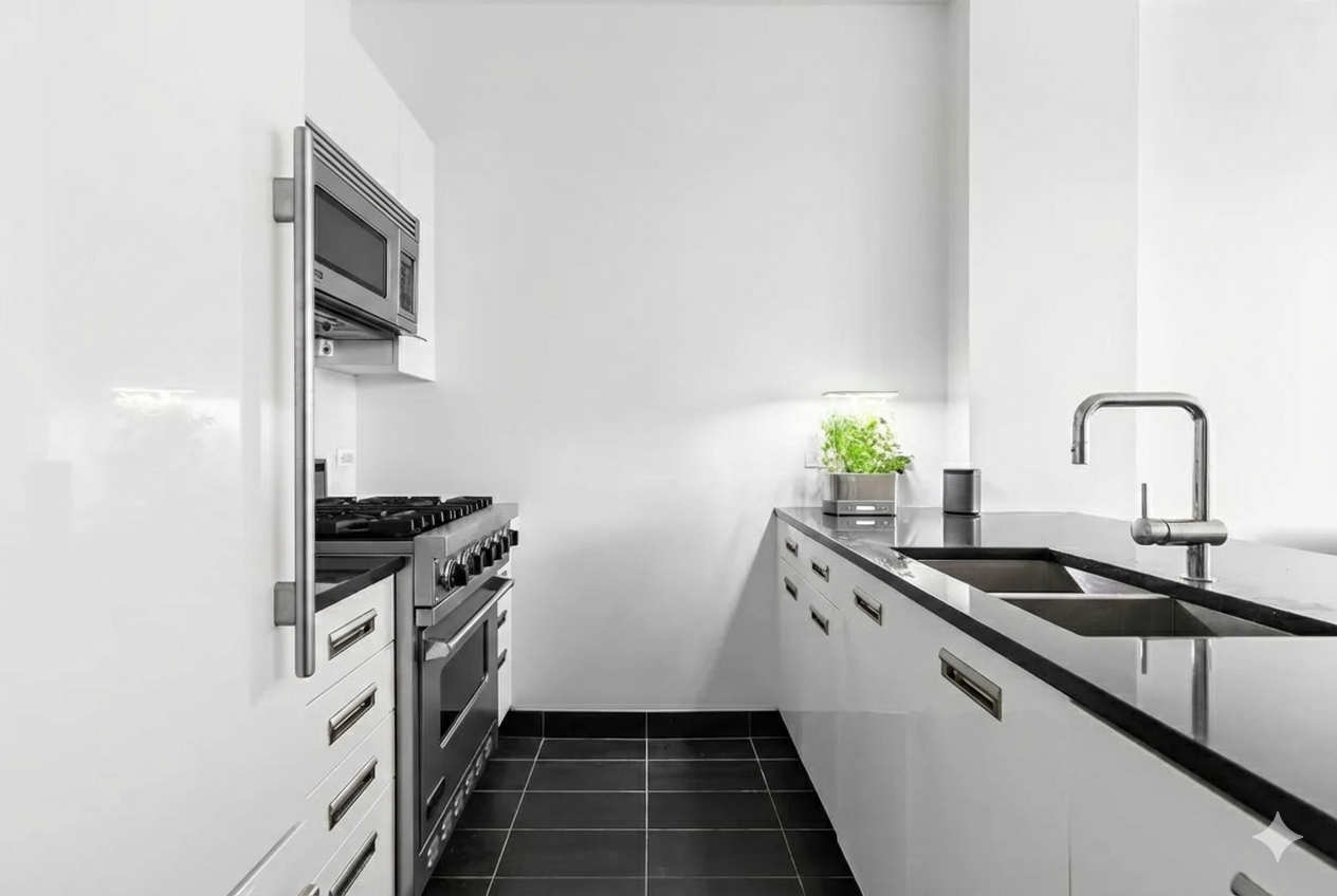 46-30 Center Boulevard, Unit 406 Queens, NY 11109 - Photo 4 of 23 a kitchen with stainless steel appliances a sink stove and cabinets