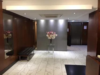 a lobby with a chandelier