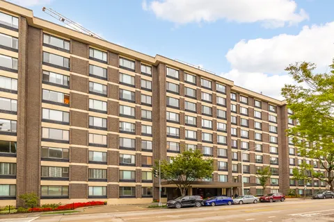a view of a building and a street
