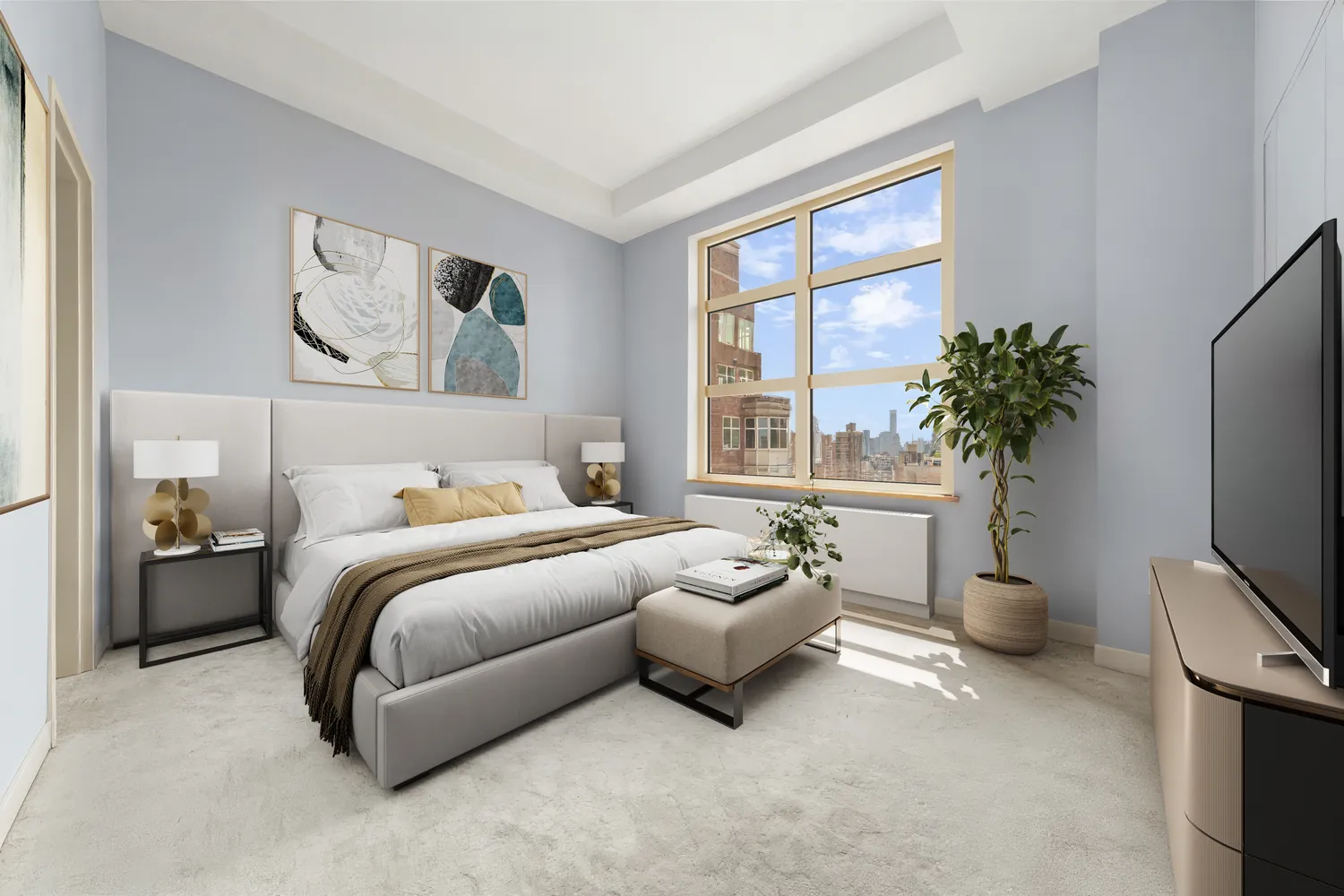 a bedroom with bed and a flat tv screen