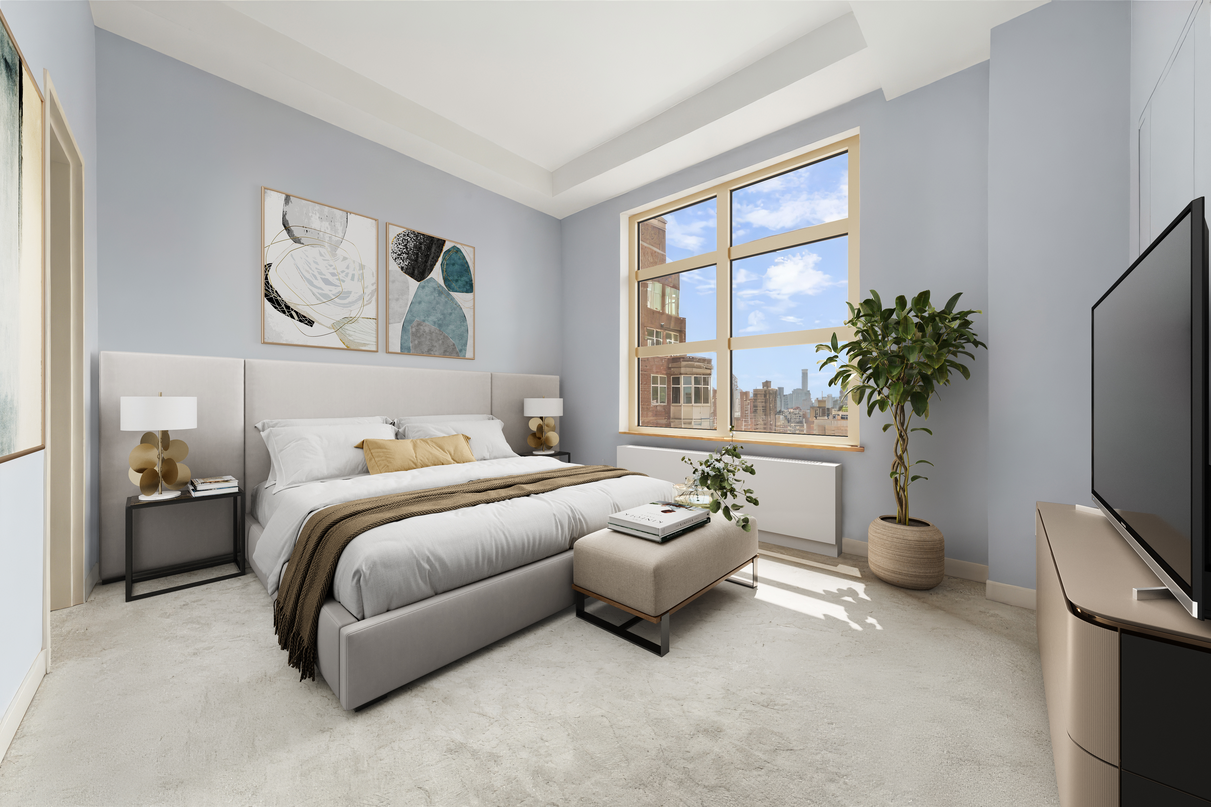 120 East 87th Street, Unit P28B Manhattan, NY 10128 - Photo 3 of 8 a bedroom with bed and a flat tv screen