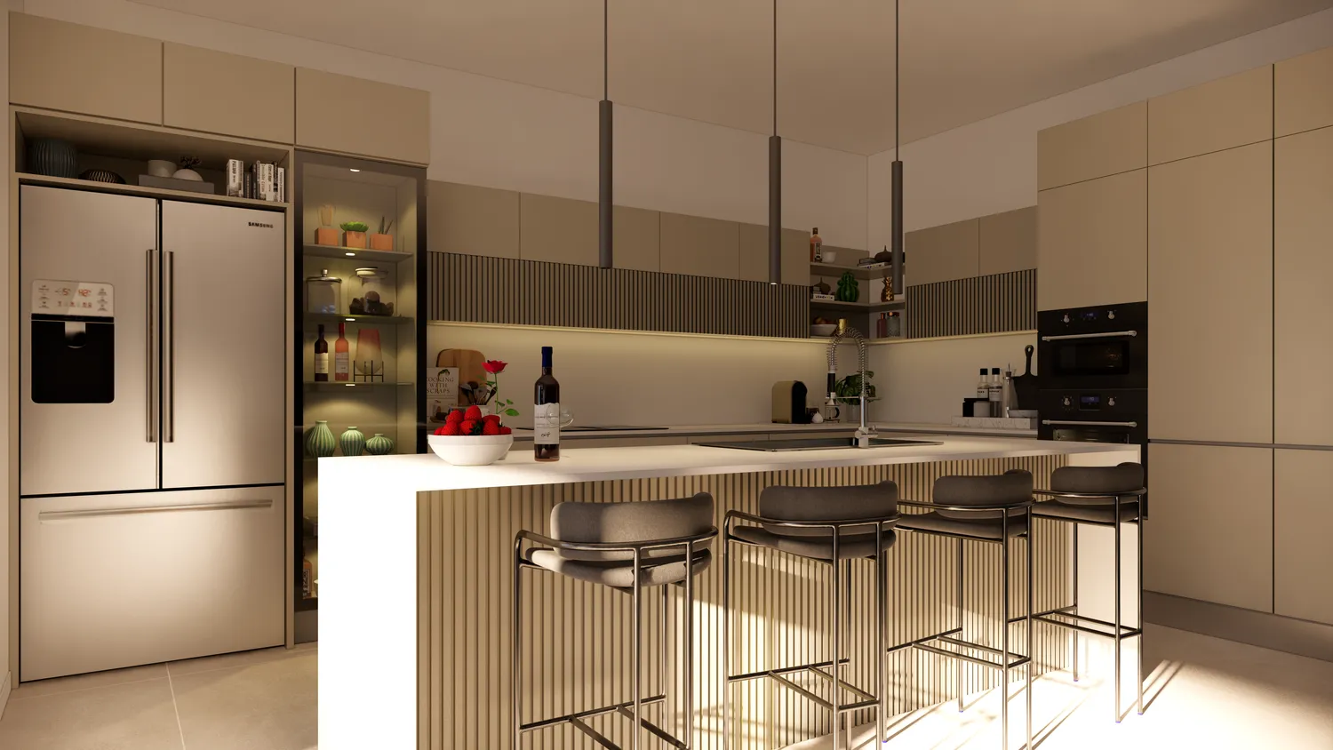 a kitchen with stainless steel appliances a sink a refrigerator a stove a microwave and cabinets