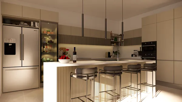 a kitchen with stainless steel appliances a sink a refrigerator a stove a microwave and cabinets