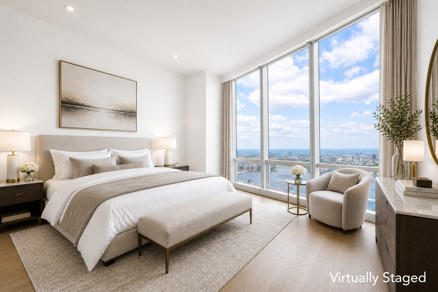 15 Hudson Yards, Unit 77B Manhattan, NY 10001 - Photo 5 of 24 a bedroom with a bed and glass window