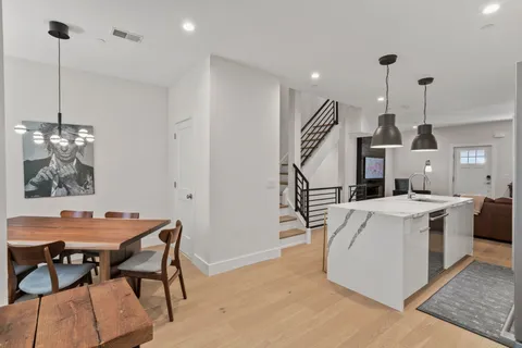 a view of a dining room and furniture
