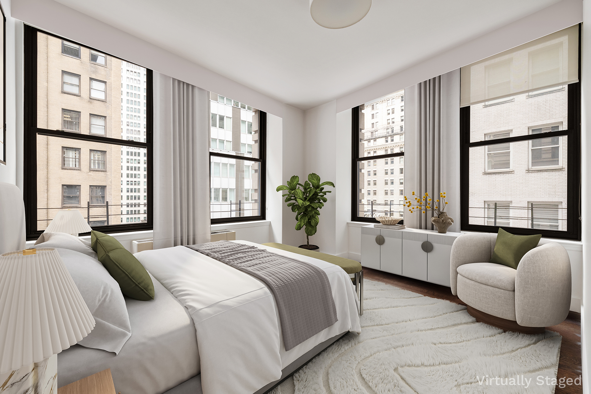 25 Broad Street, Unit 16I Manhattan, NY 10004 - Photo 11 of 23 a spacious bedroom with a bed and a large window