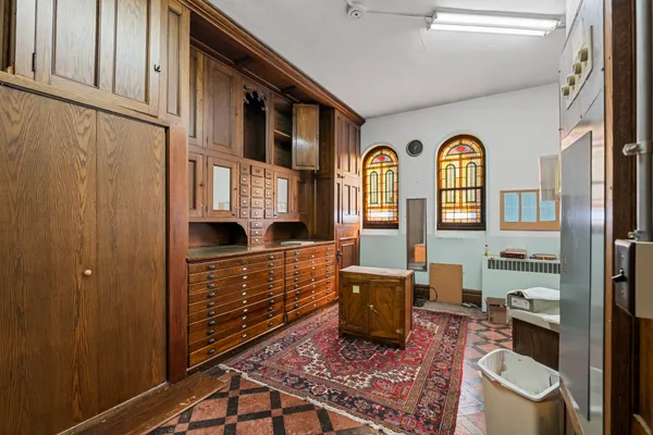 a view of a storage room with shelves