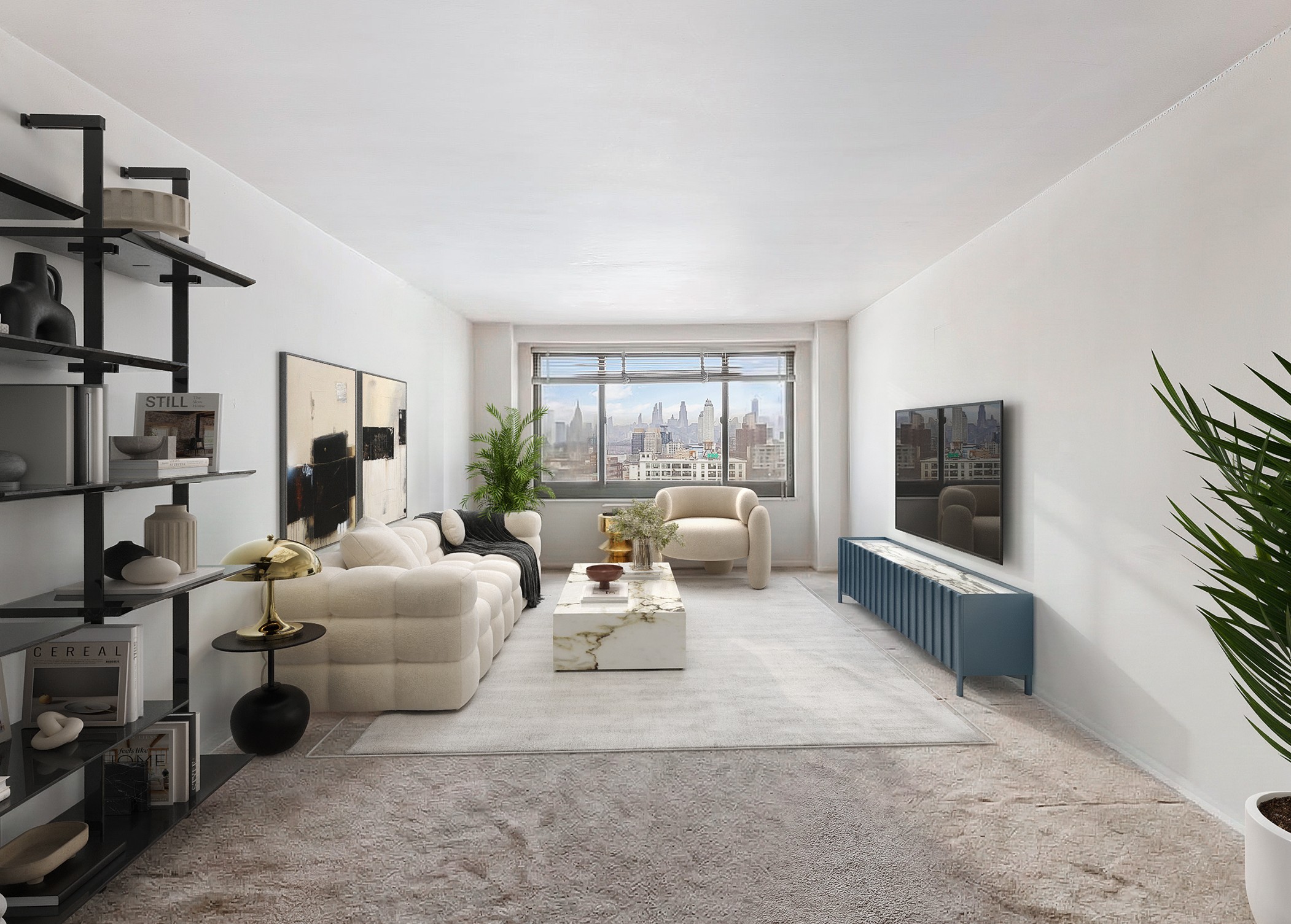 a living room with furniture large window and flat screen tv
