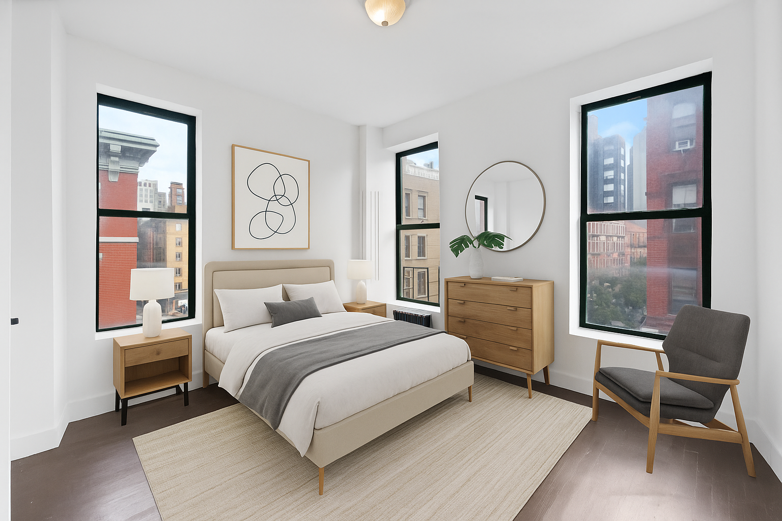 a bedroom with a bed wooden floor and a table