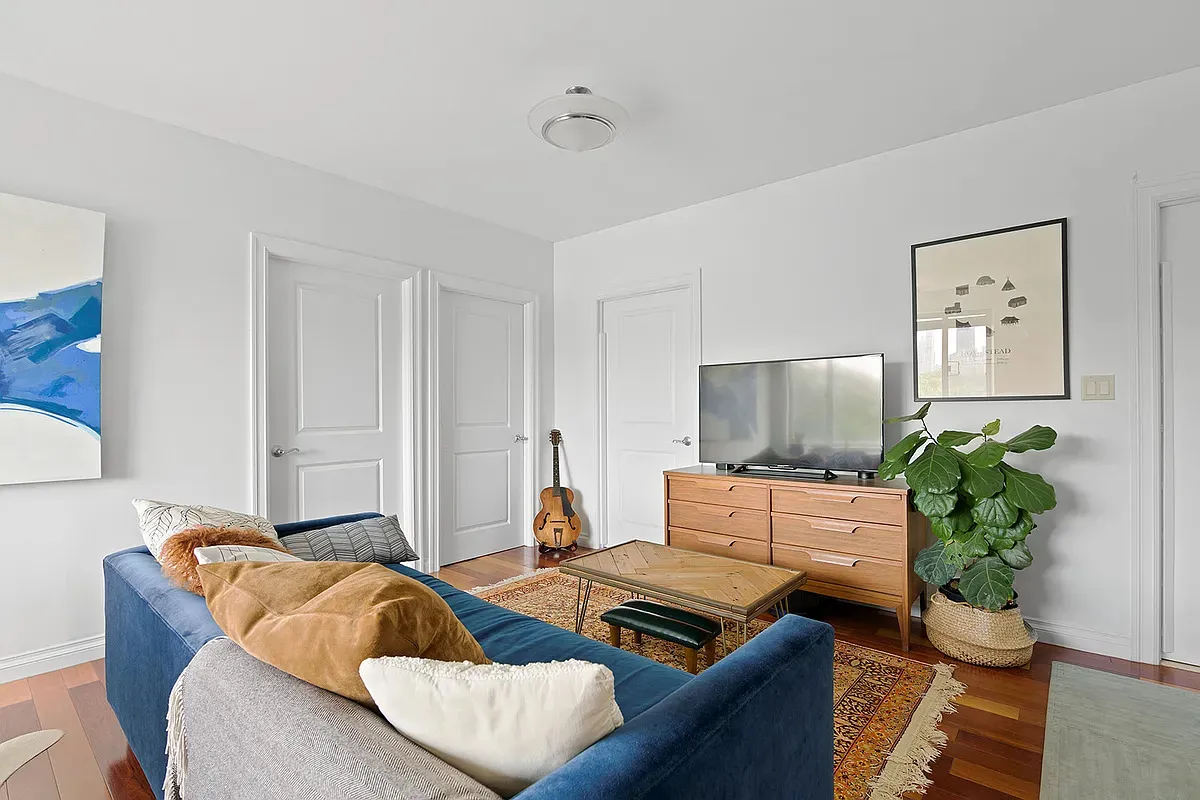 a living room with furniture and a potted plant
