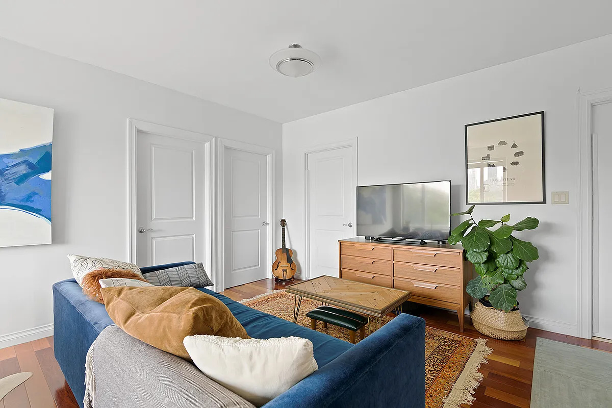 a living room with furniture and a potted plant
