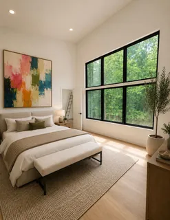 a spacious bedroom with a large bed and a large window