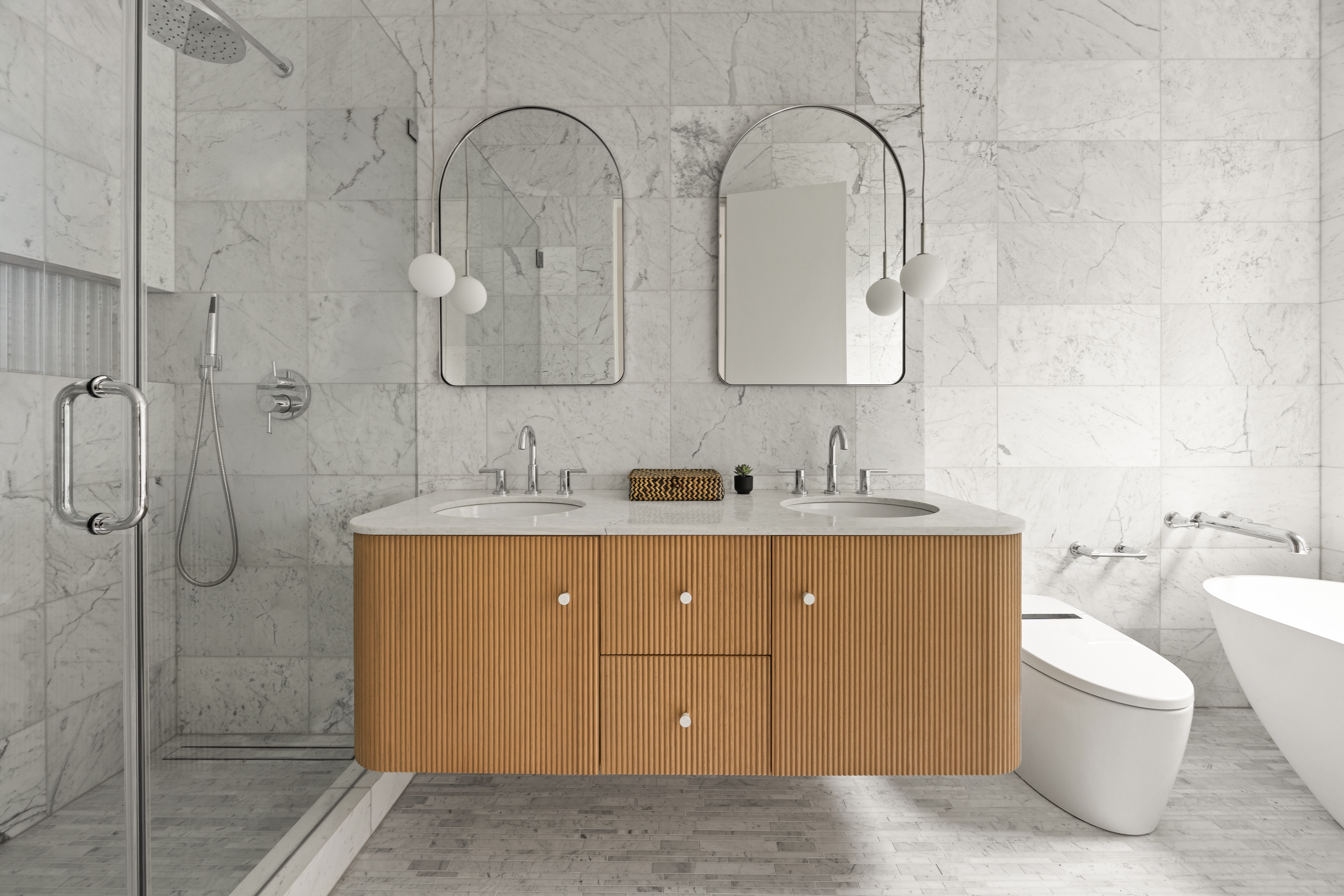 737 Decatur Street Brooklyn, NY 11233 - Photo 12 of 19 a bathroom with a double vanity sink toilet and shower