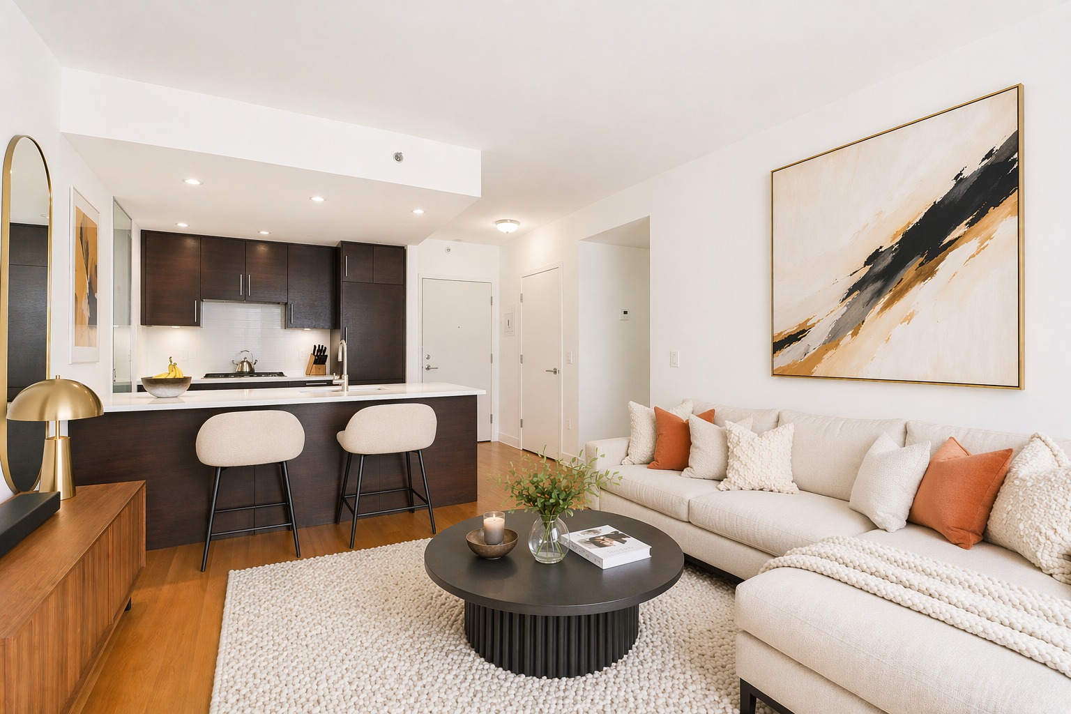464 West 44th Street, Unit PHA Manhattan, NY 10036 - Photo 2 of 13 a living room with kitchen couches and a coffee table with wooden floor