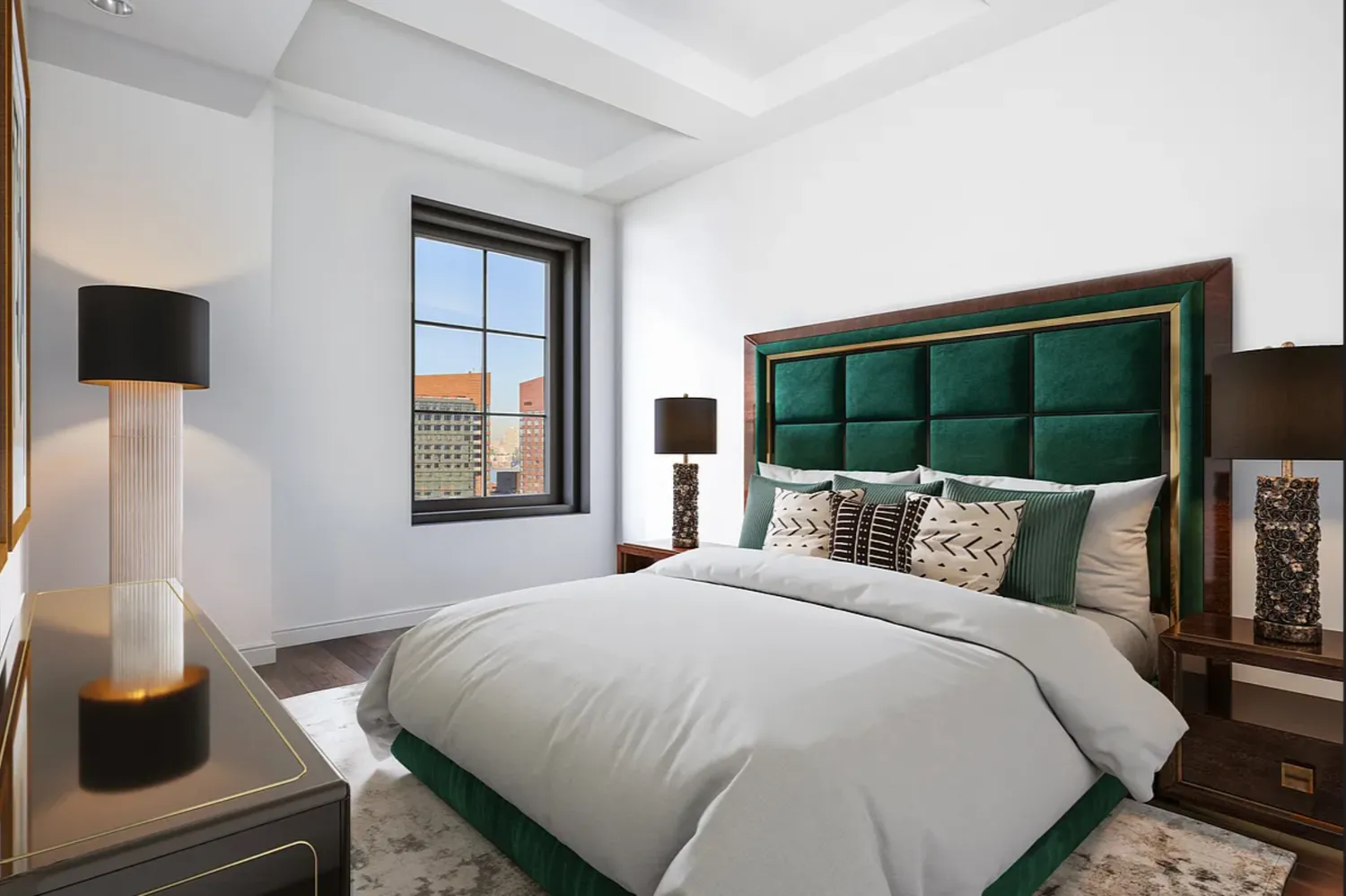 a bedroom with a bed and glass window