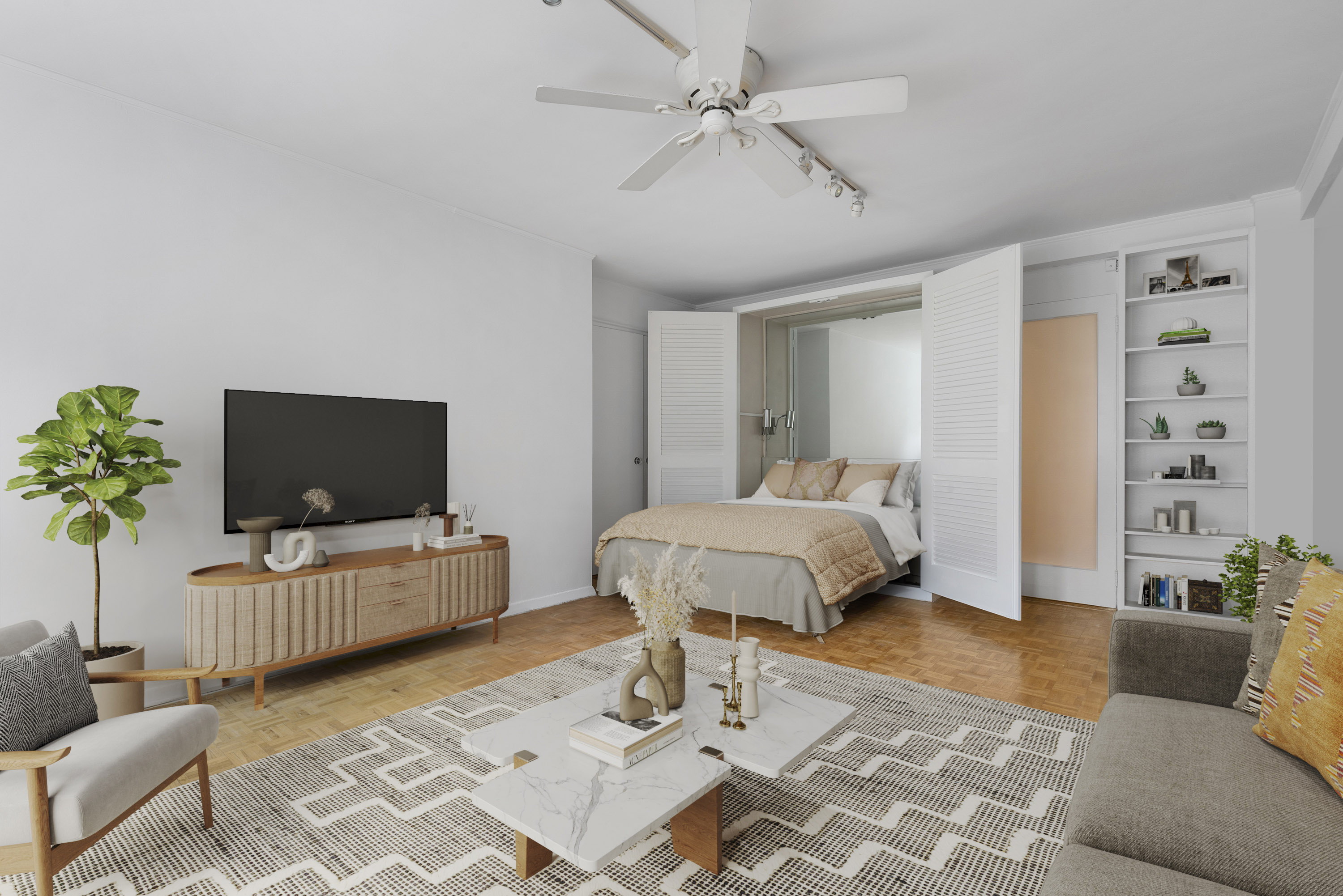 221 East 50th Street, Unit 8B Manhattan, NY 10022 - Photo 3 of 9 a bedroom with a bed and a flat screen tv
