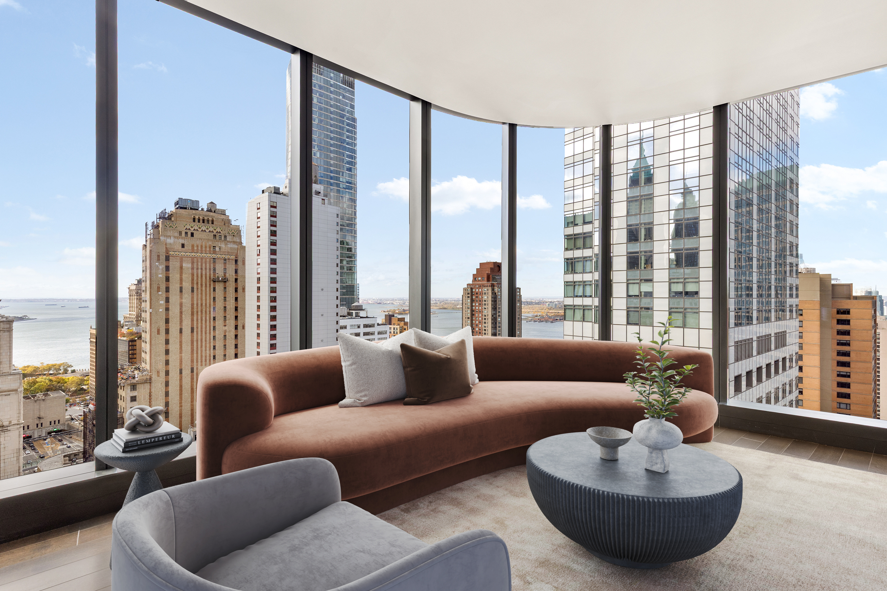 125 Greenwich Street, Unit 37C Manhattan, NY 10006 - Photo 1 of 24 a living room with furniture and a large window