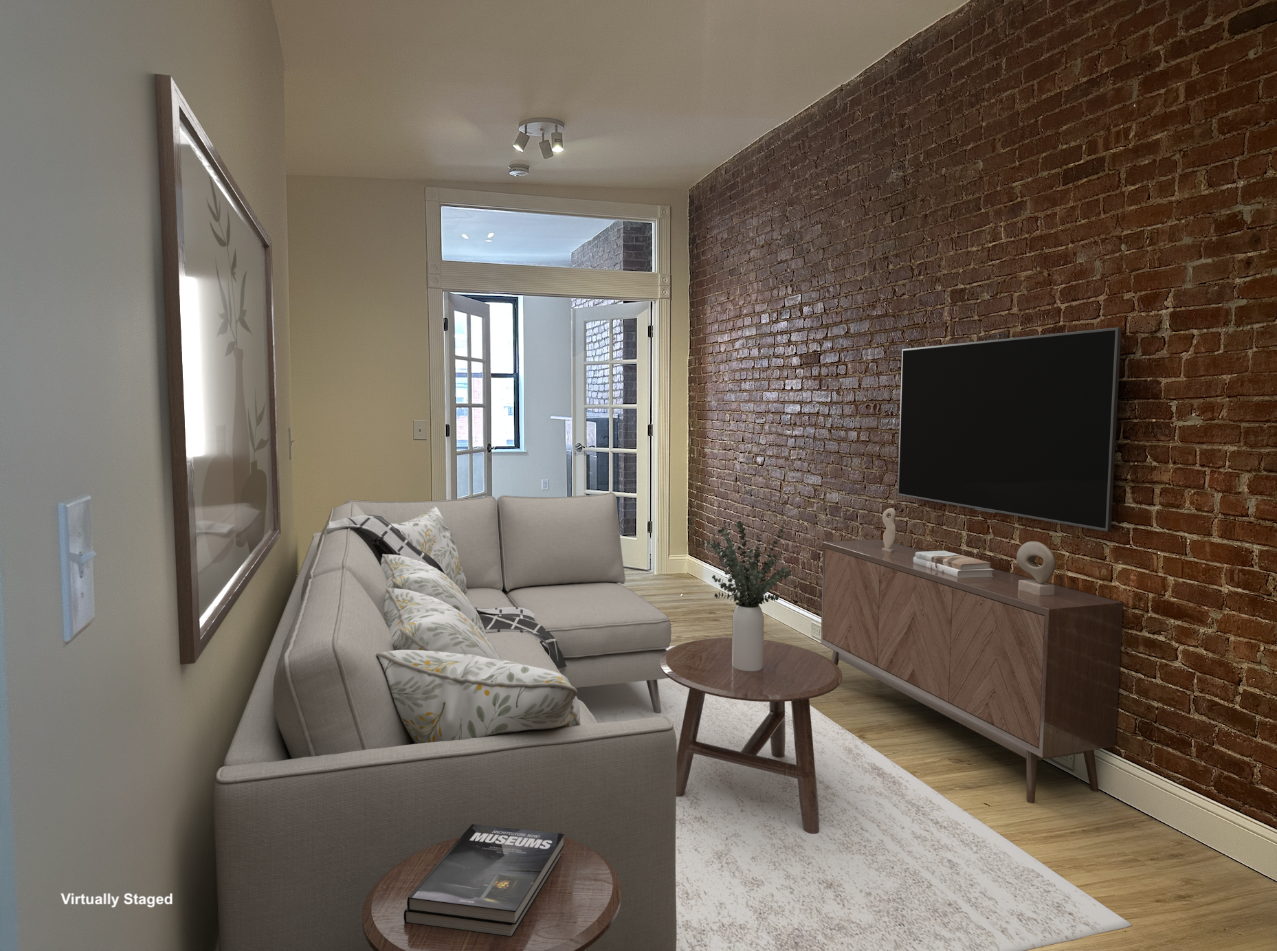 458 West 57th Street, Unit 4FE Manhattan, NY 10019 - Photo 5 of 13 a living room with furniture and a flat screen tv