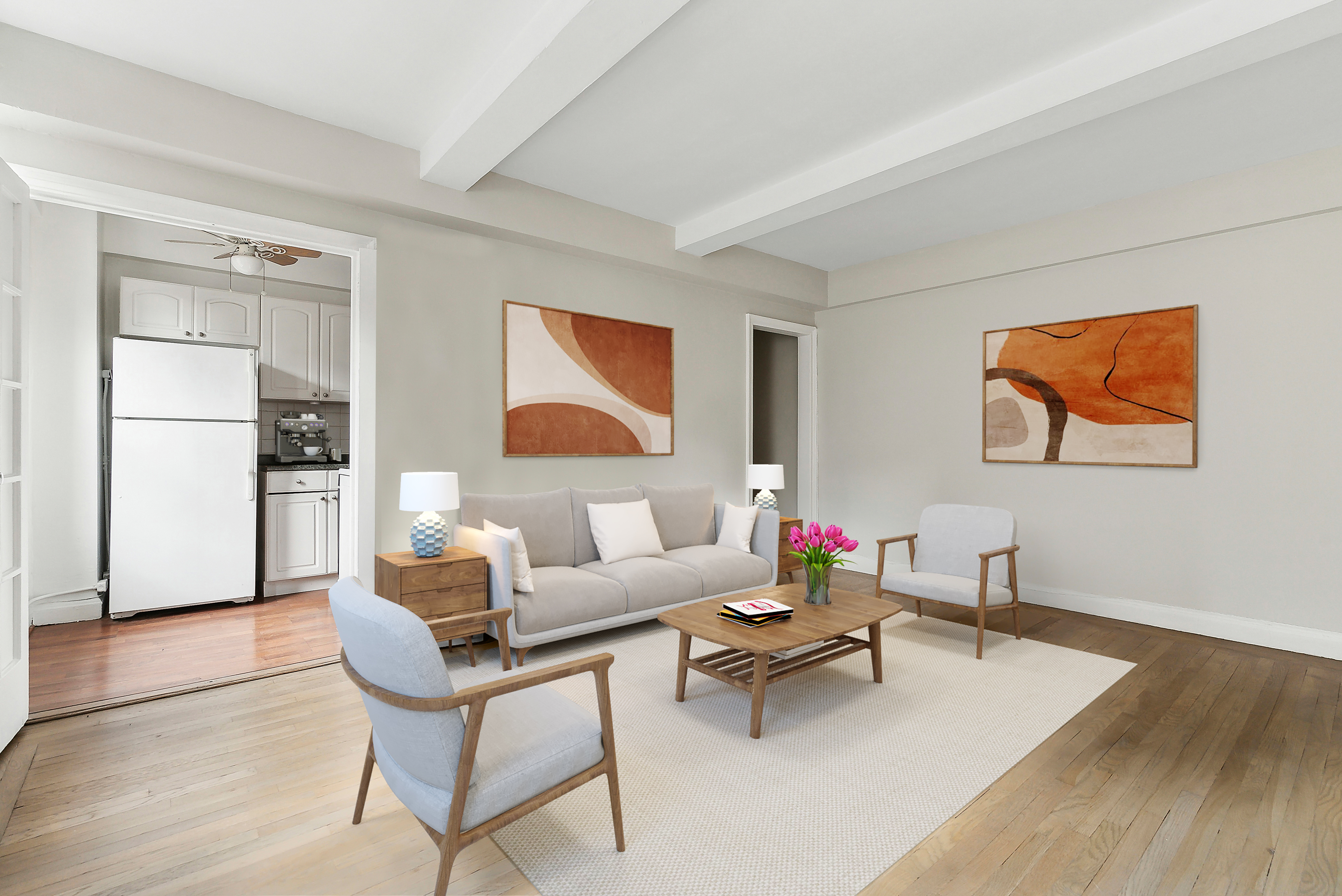 321 East 54th Street, Unit 9B Manhattan, NY 10022 - Photo 3 of 13 a living room with furniture a rug and a wall painting