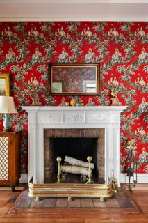 a fireplace with wooden floor