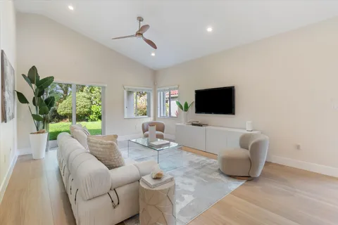 a living room with furniture and a potted plant