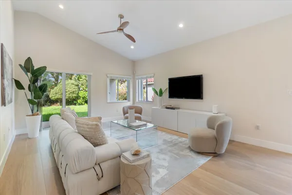 a living room with furniture and a potted plant