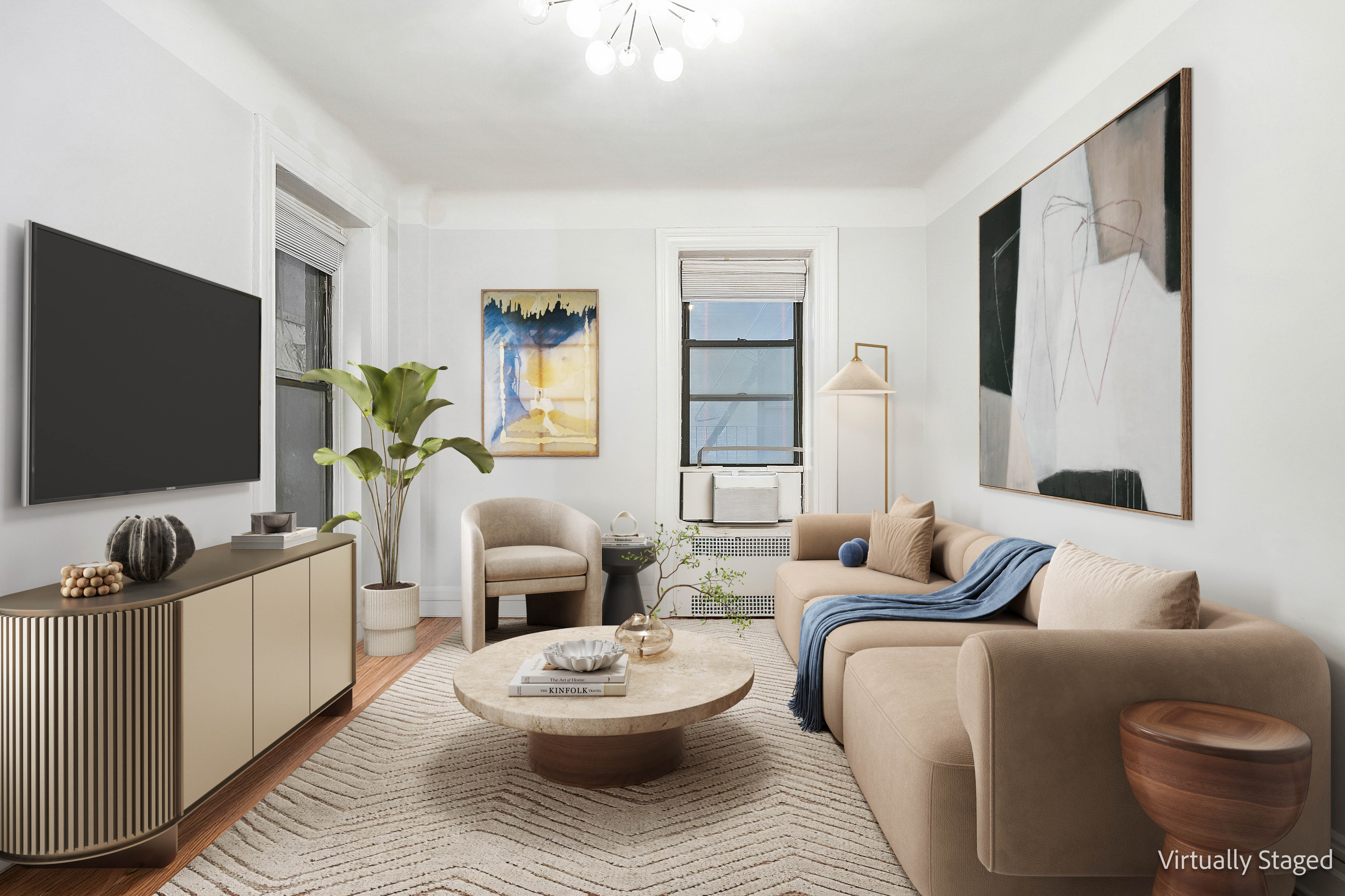 205 West 54th Street, Unit 3A Manhattan, NY 10019 - Photo 3 of 14 a living room with furniture and a flat screen tv