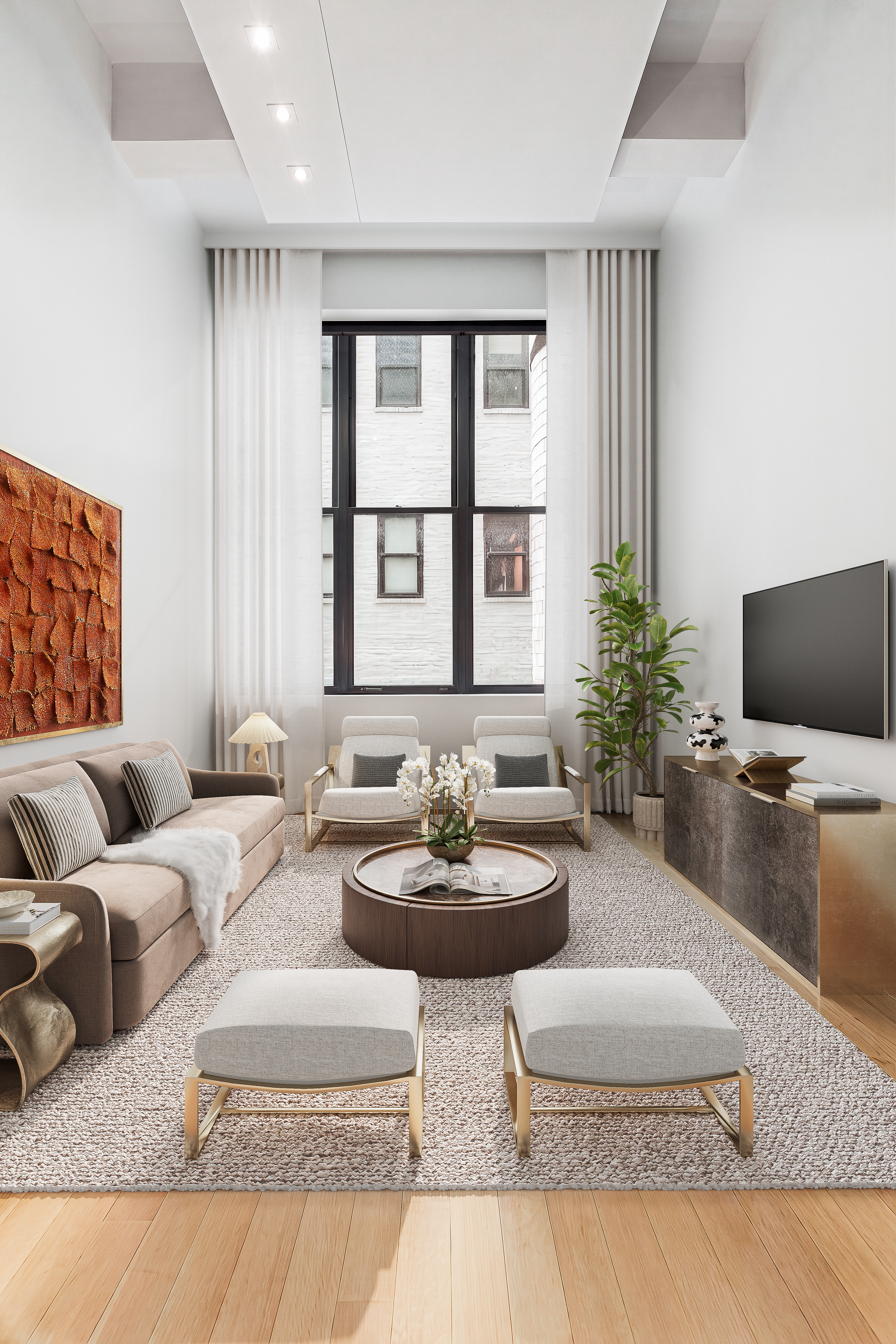a living room with furniture and a potted plant