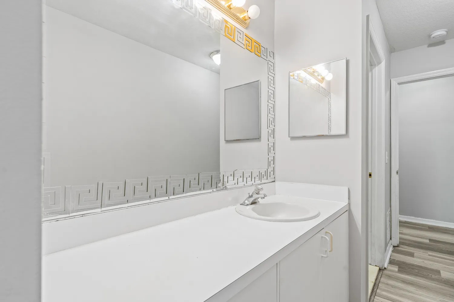 a bathroom with a sink and a mirror