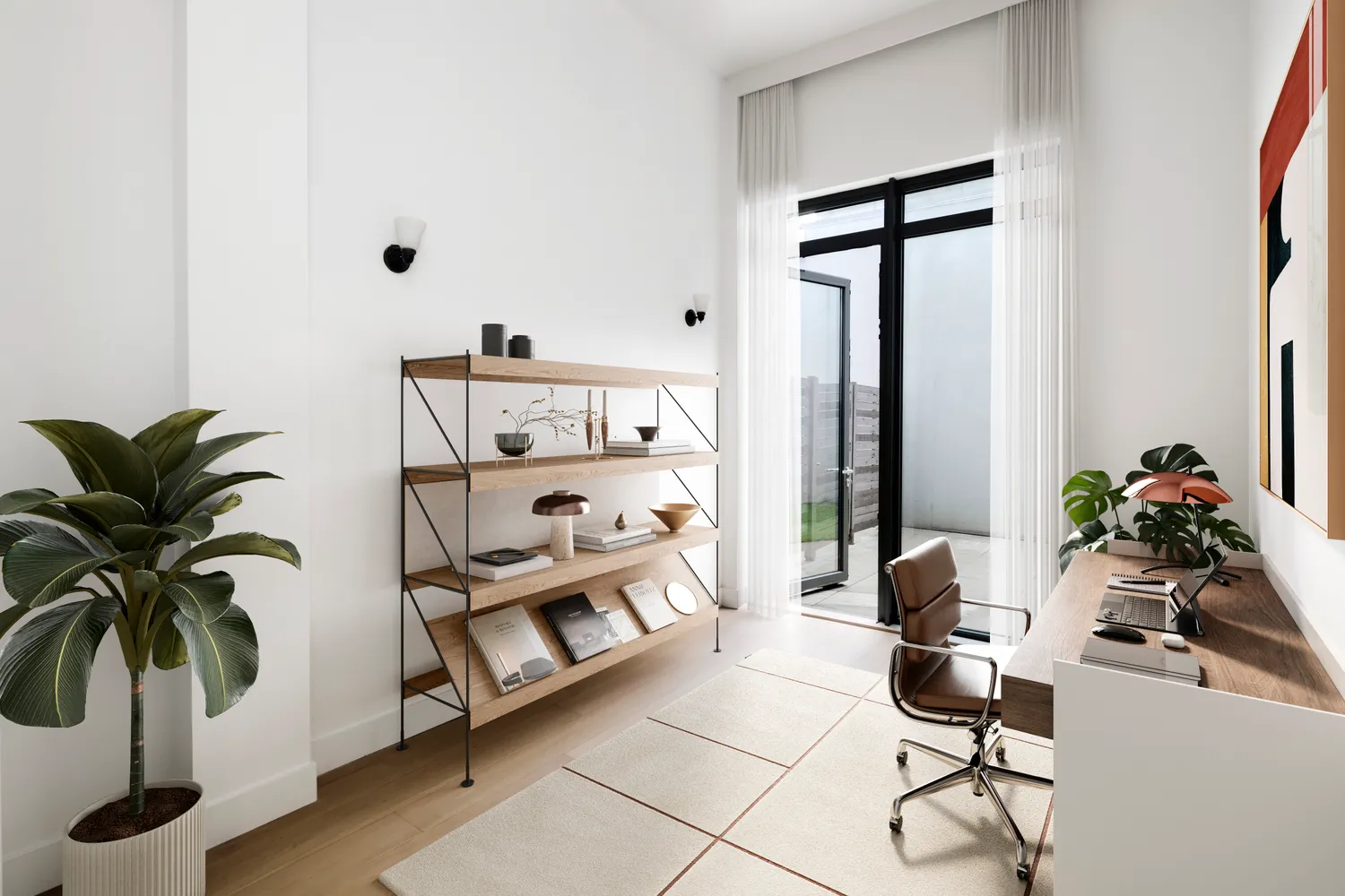 a living room with furniture potted plant and a large window