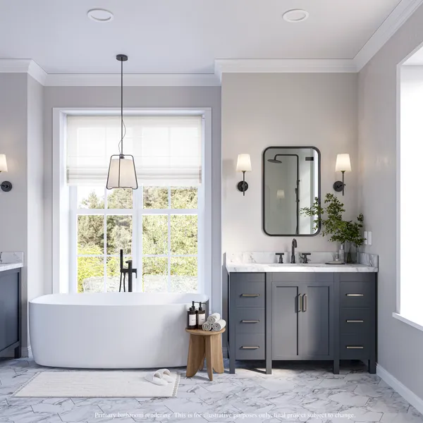 a living room with a table and a mirror