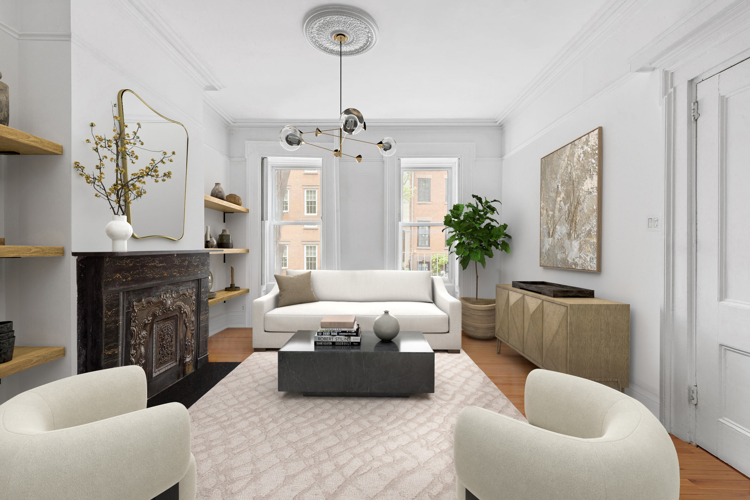 56 Joralemon Street Brooklyn, NY 11201 - Photo 3 of 18 a living room with furniture and a fireplace