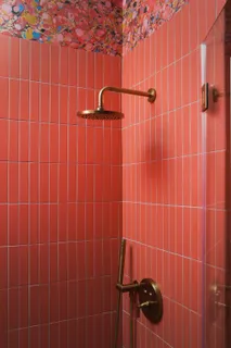 a bathroom with a shower and a shower