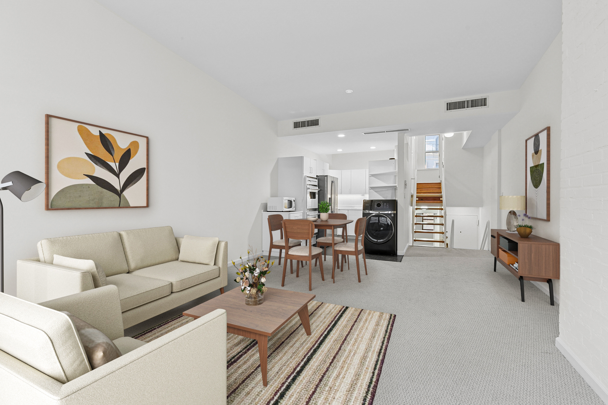 215 West 22nd Street, Unit 2 Manhattan, NY 10011 - Photo 5 of 8 a living room with furniture appliances and a dining table with kitchen view