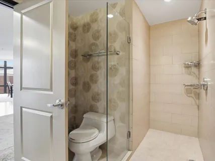 a bathroom with a shower and a toilet