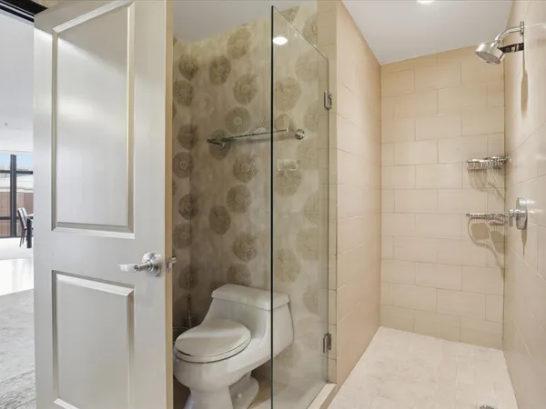 a bathroom with a shower and a toilet
