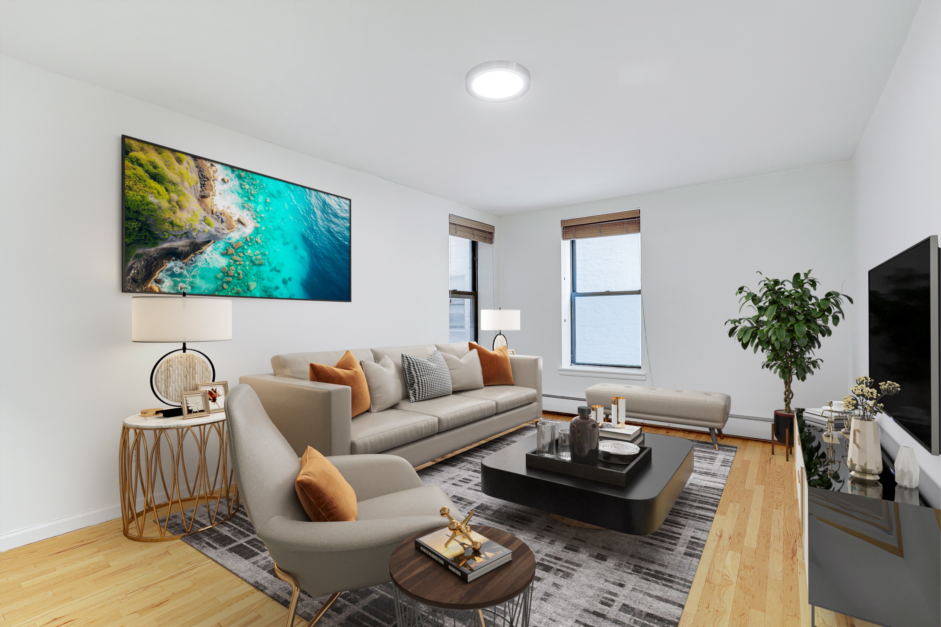 66-72 St Nicholas Avenue, Unit 3G Manhattan, NY 10026 - Photo 3 of 15 a living room with furniture and a flat screen tv